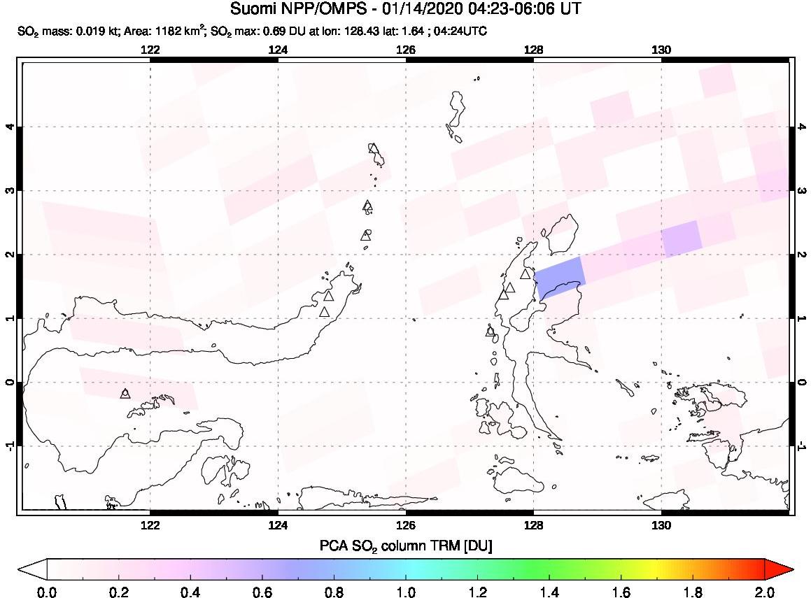 A sulfur dioxide image over Northern Sulawesi & Halmahera, Indonesia on Jan 14, 2020.