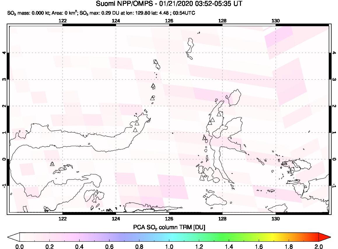 A sulfur dioxide image over Northern Sulawesi & Halmahera, Indonesia on Jan 21, 2020.