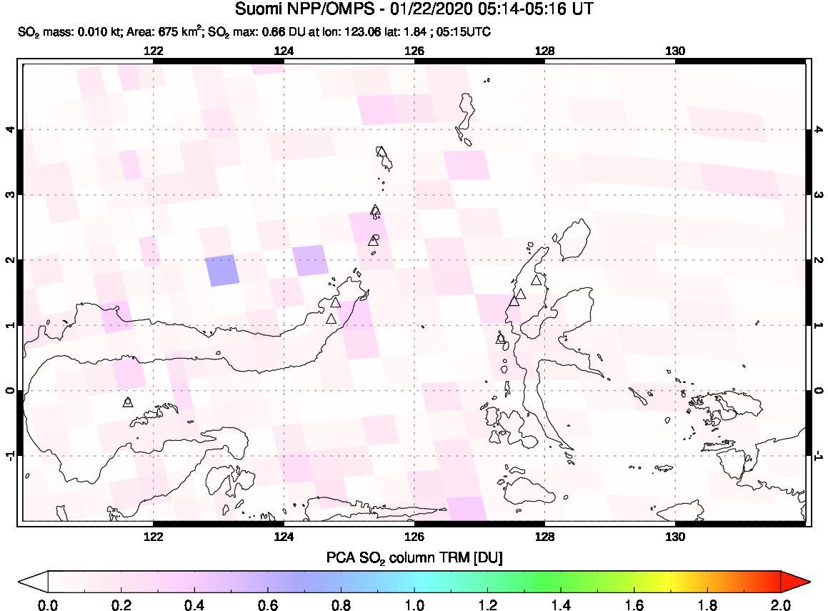 A sulfur dioxide image over Northern Sulawesi & Halmahera, Indonesia on Jan 22, 2020.