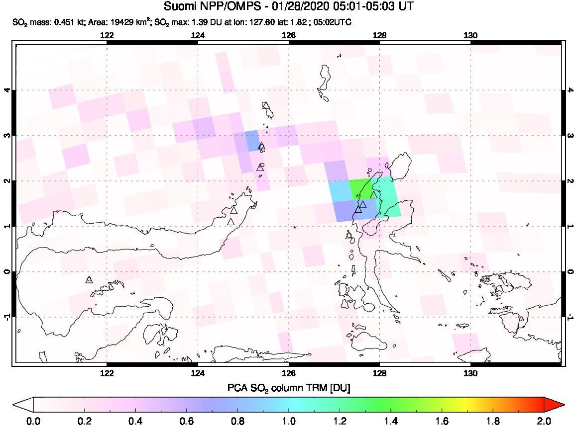A sulfur dioxide image over Northern Sulawesi & Halmahera, Indonesia on Jan 28, 2020.