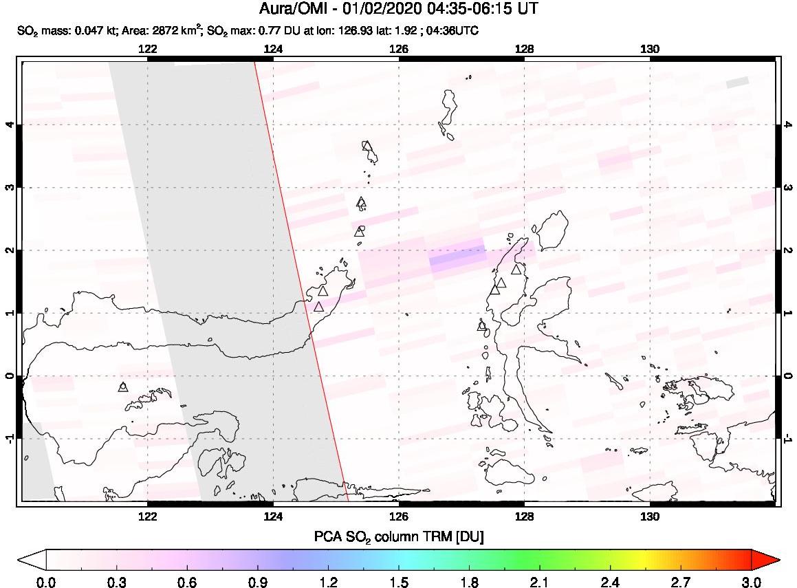 A sulfur dioxide image over Northern Sulawesi & Halmahera, Indonesia on Jan 02, 2020.