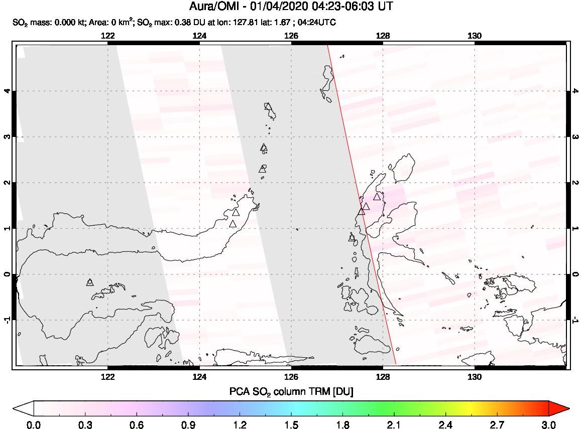 A sulfur dioxide image over Northern Sulawesi & Halmahera, Indonesia on Jan 04, 2020.