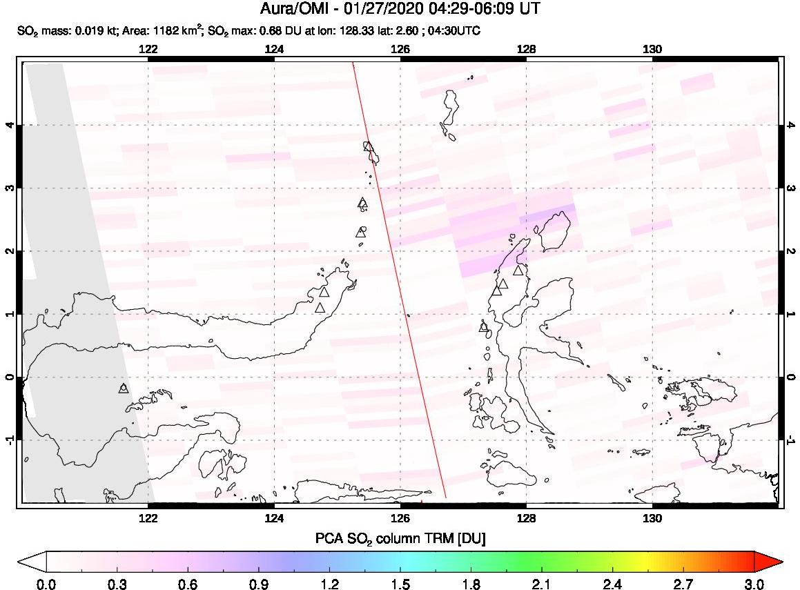 A sulfur dioxide image over Northern Sulawesi & Halmahera, Indonesia on Jan 27, 2020.