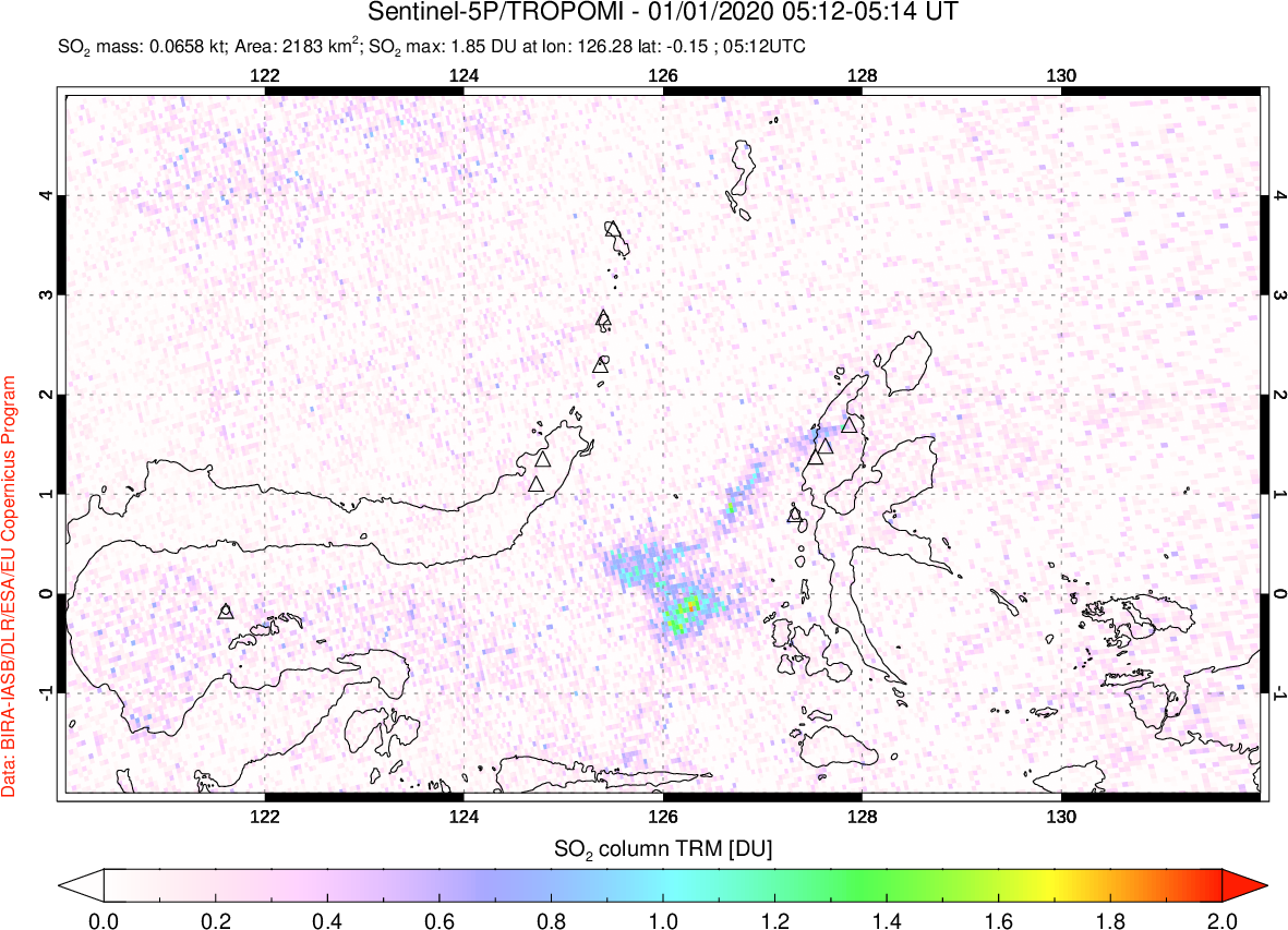 A sulfur dioxide image over Northern Sulawesi & Halmahera, Indonesia on Jan 01, 2020.