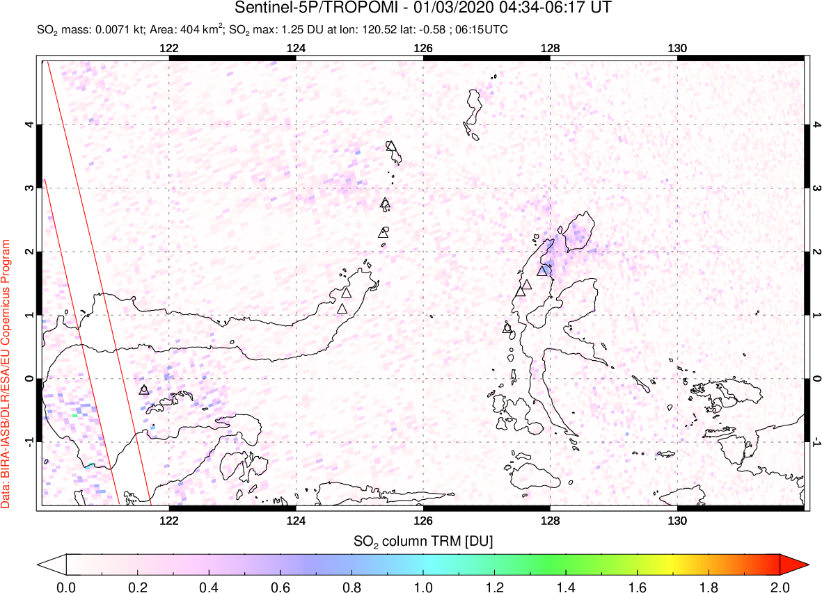 A sulfur dioxide image over Northern Sulawesi & Halmahera, Indonesia on Jan 03, 2020.