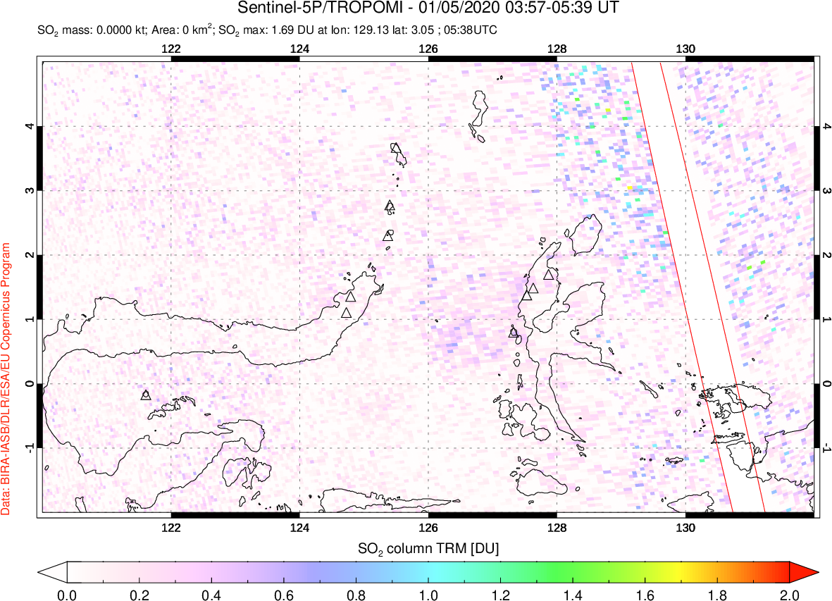 A sulfur dioxide image over Northern Sulawesi & Halmahera, Indonesia on Jan 05, 2020.