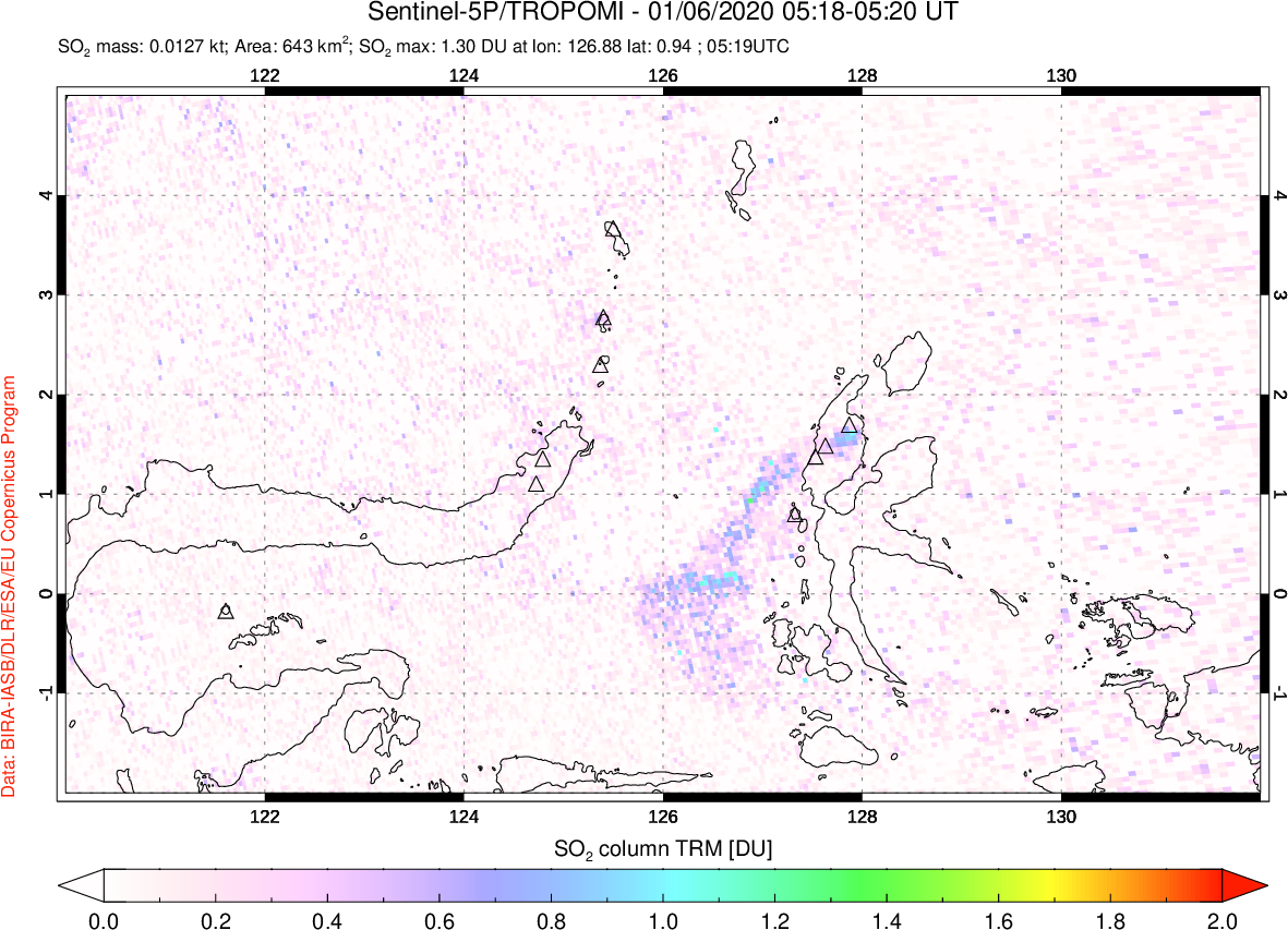 A sulfur dioxide image over Northern Sulawesi & Halmahera, Indonesia on Jan 06, 2020.