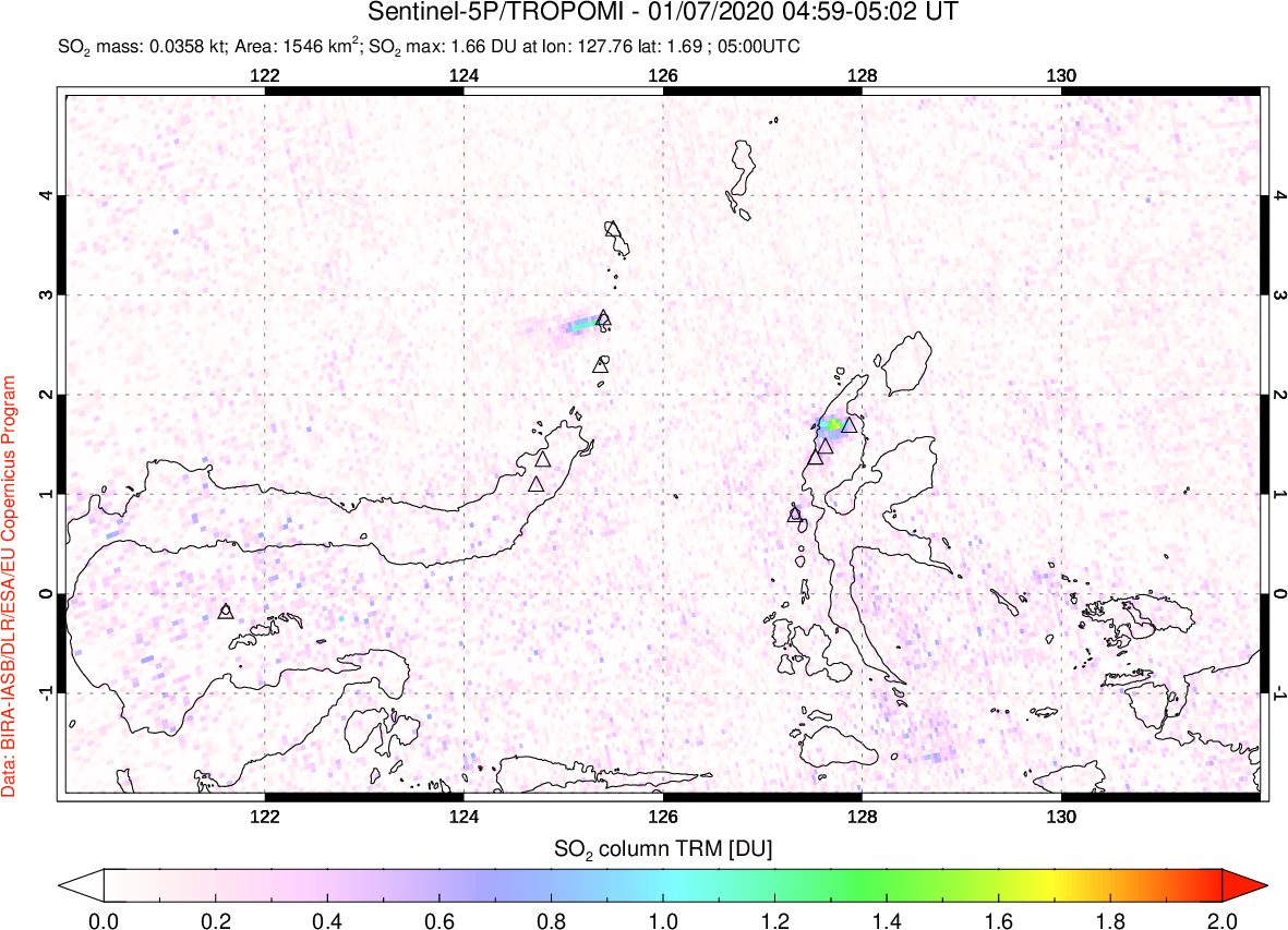 A sulfur dioxide image over Northern Sulawesi & Halmahera, Indonesia on Jan 07, 2020.