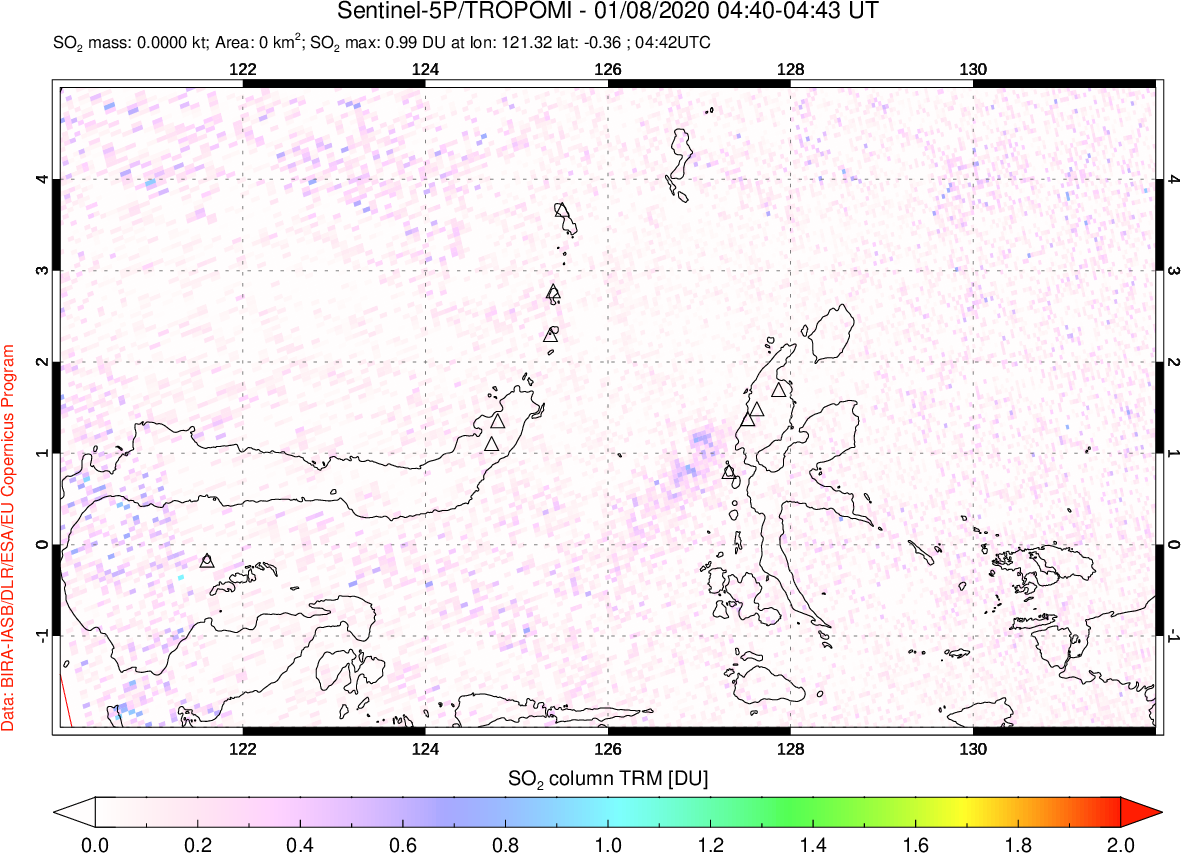 A sulfur dioxide image over Northern Sulawesi & Halmahera, Indonesia on Jan 08, 2020.