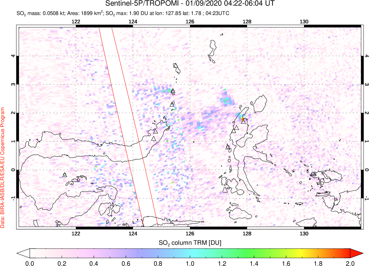 A sulfur dioxide image over Northern Sulawesi & Halmahera, Indonesia on Jan 09, 2020.