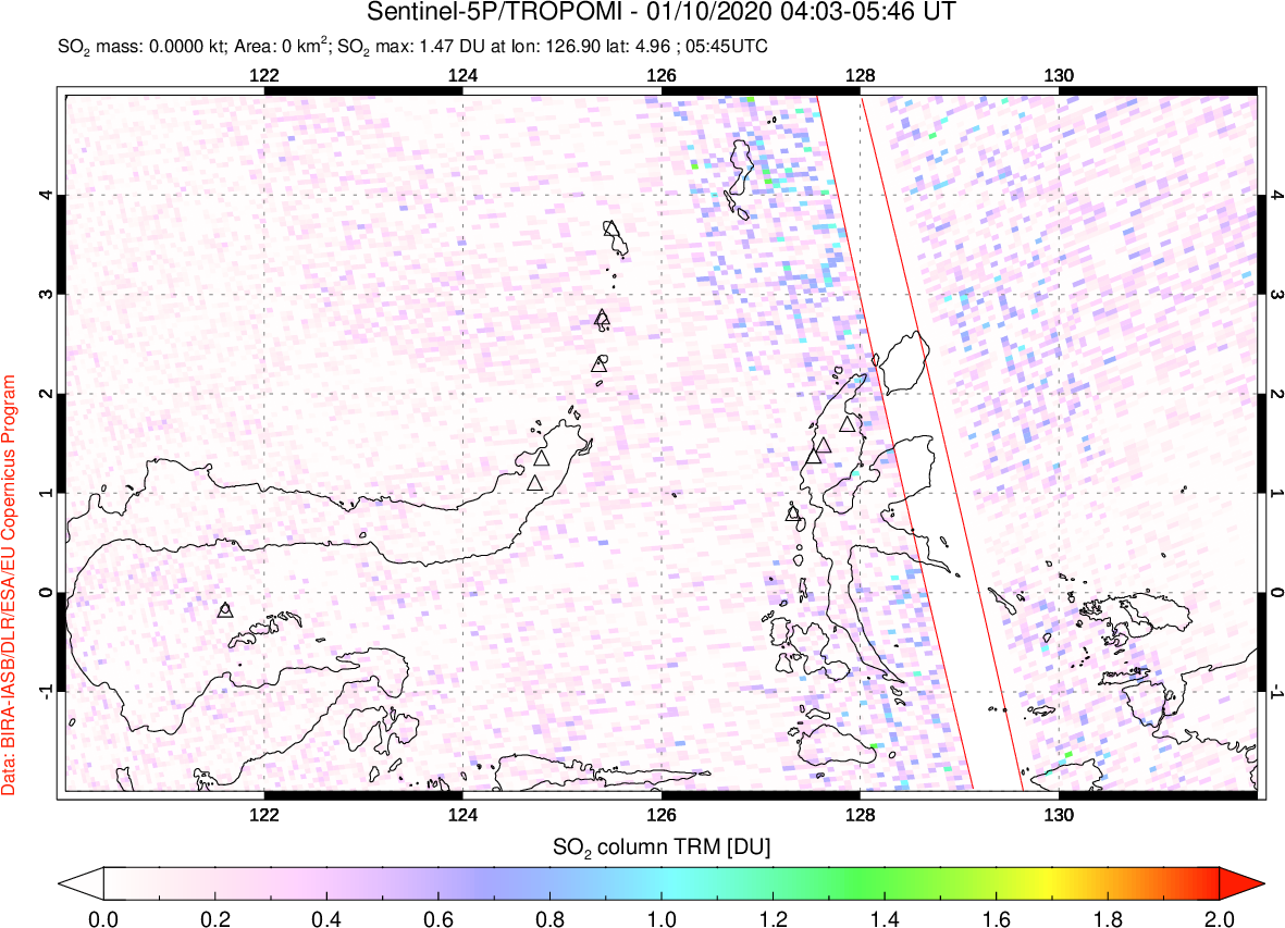 A sulfur dioxide image over Northern Sulawesi & Halmahera, Indonesia on Jan 10, 2020.