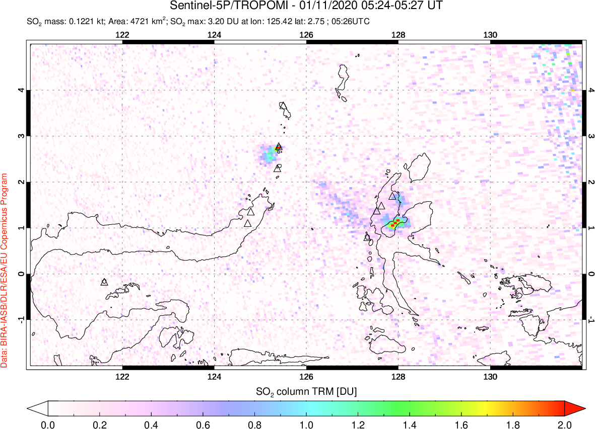 A sulfur dioxide image over Northern Sulawesi & Halmahera, Indonesia on Jan 11, 2020.