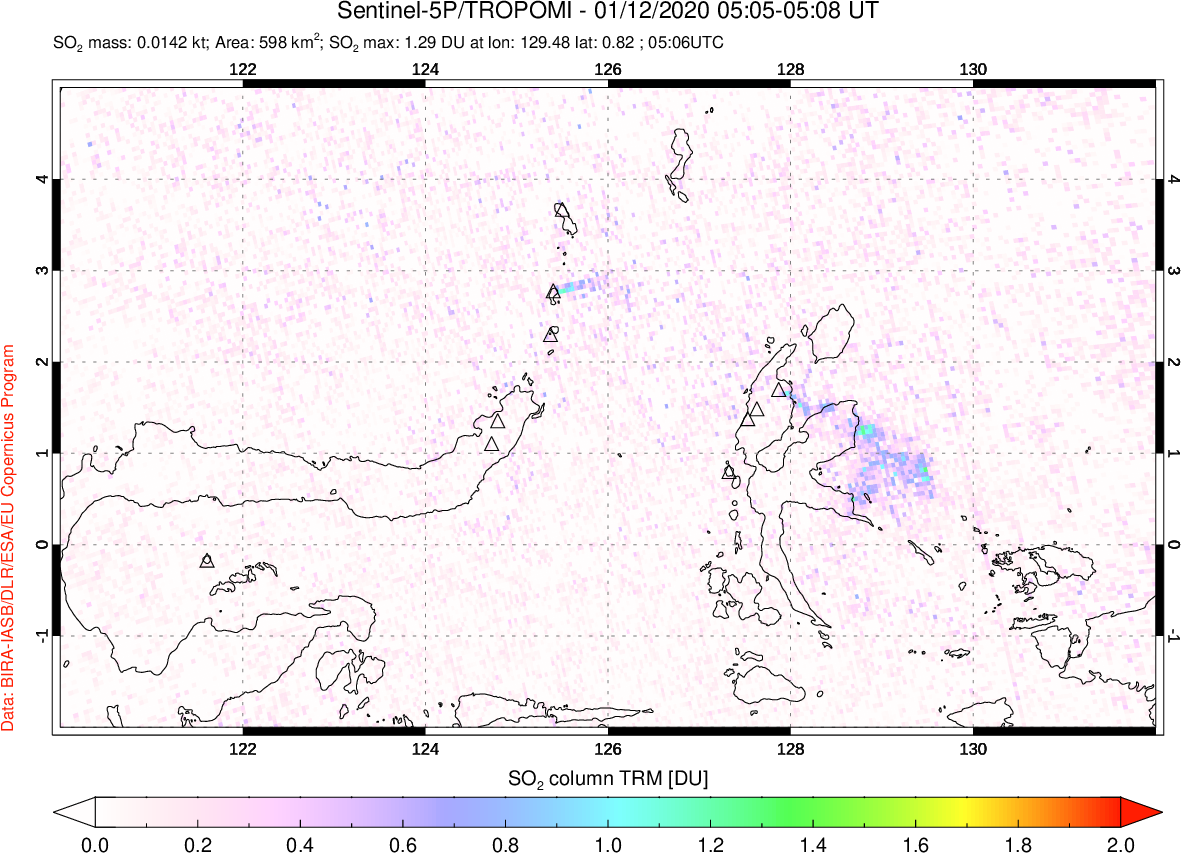 A sulfur dioxide image over Northern Sulawesi & Halmahera, Indonesia on Jan 12, 2020.