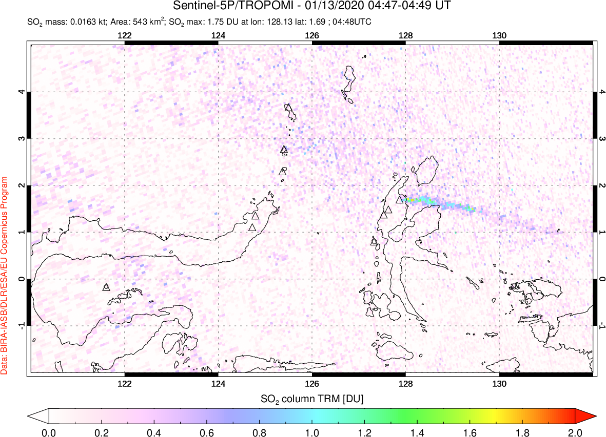 A sulfur dioxide image over Northern Sulawesi & Halmahera, Indonesia on Jan 13, 2020.