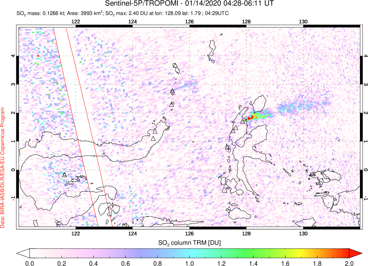 A sulfur dioxide image over Northern Sulawesi & Halmahera, Indonesia on Jan 14, 2020.