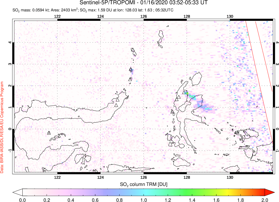 A sulfur dioxide image over Northern Sulawesi & Halmahera, Indonesia on Jan 16, 2020.