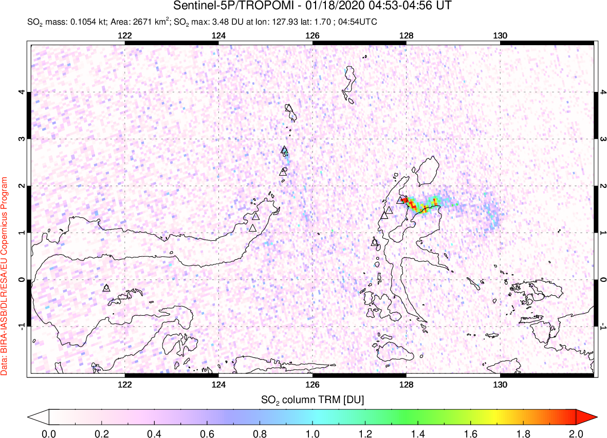A sulfur dioxide image over Northern Sulawesi & Halmahera, Indonesia on Jan 18, 2020.