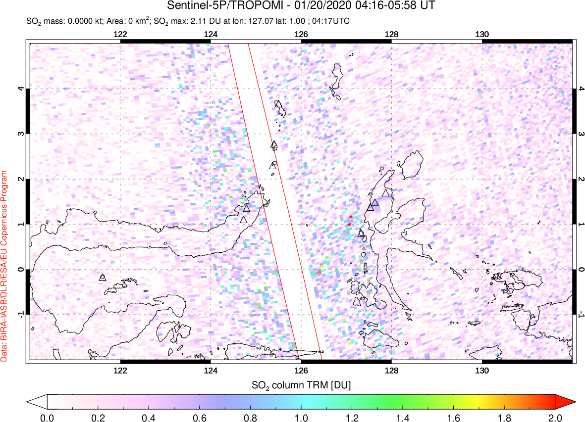 A sulfur dioxide image over Northern Sulawesi & Halmahera, Indonesia on Jan 20, 2020.