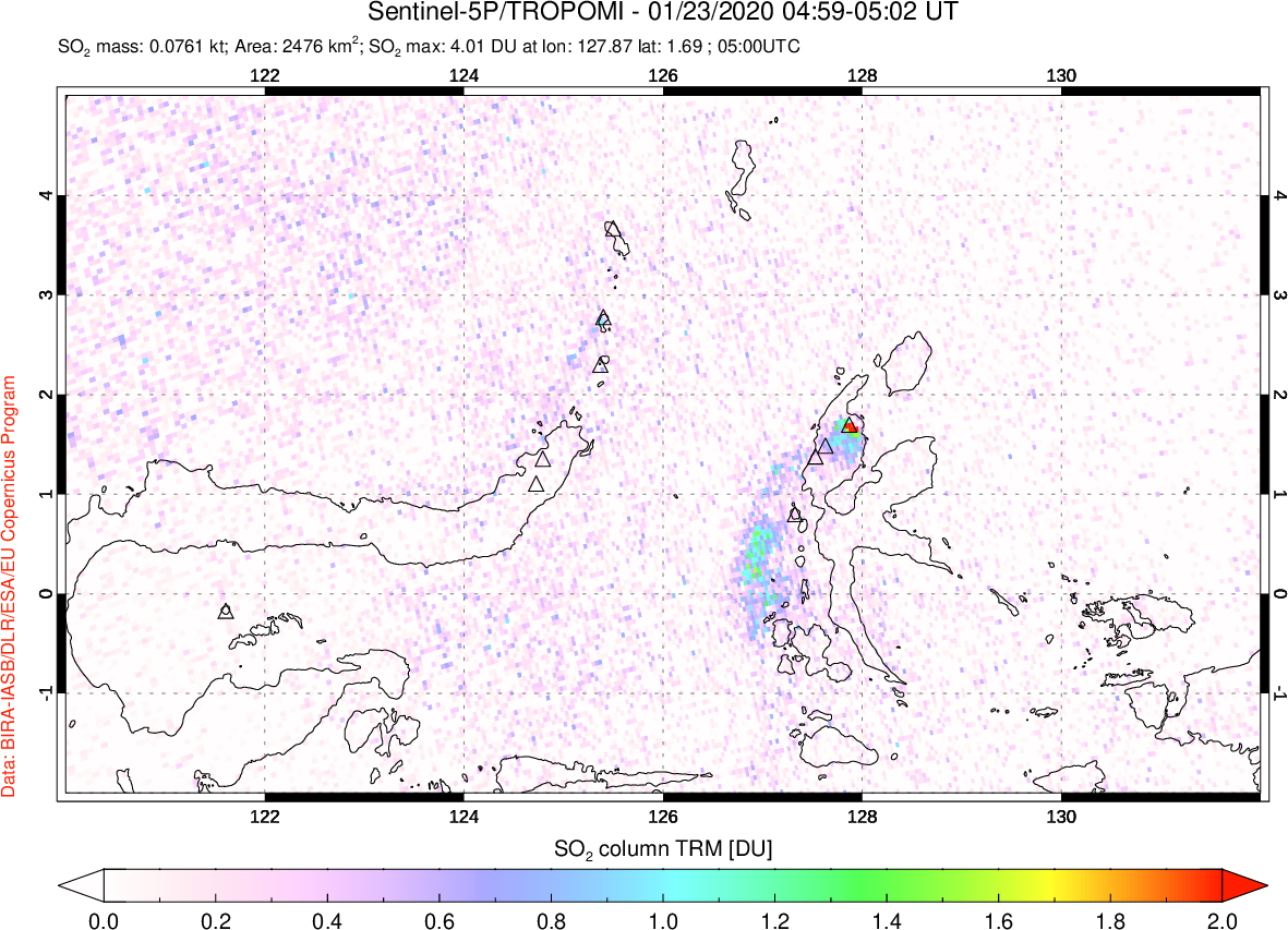 A sulfur dioxide image over Northern Sulawesi & Halmahera, Indonesia on Jan 23, 2020.