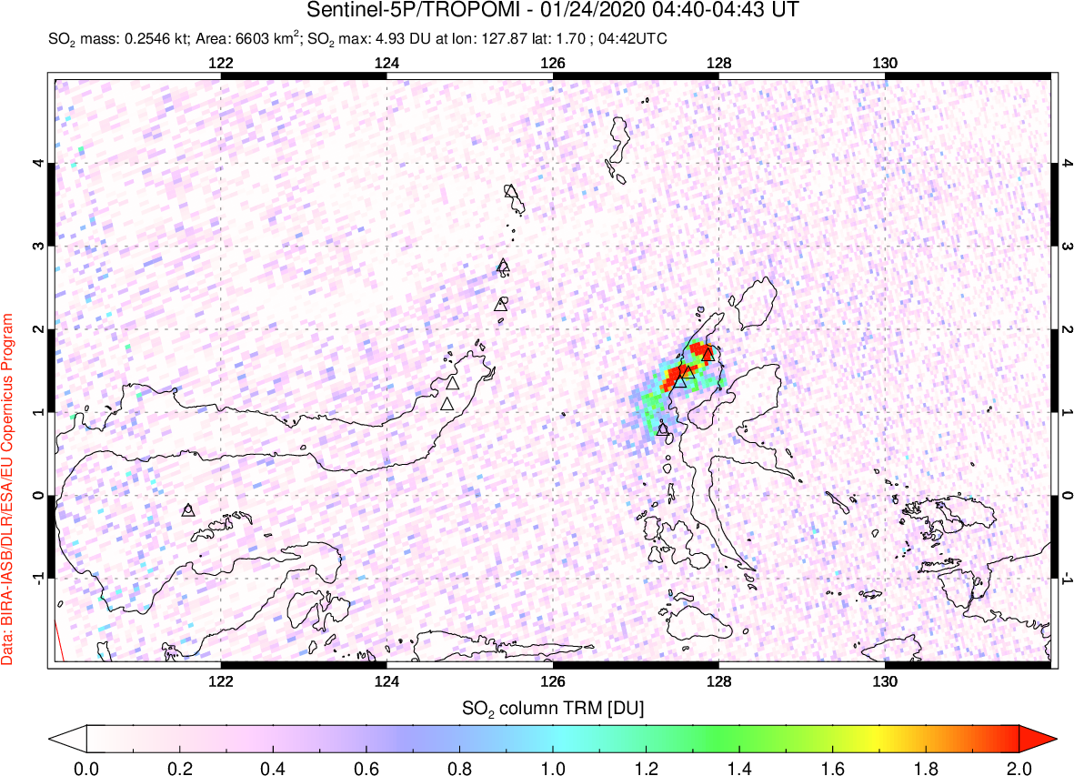 A sulfur dioxide image over Northern Sulawesi & Halmahera, Indonesia on Jan 24, 2020.