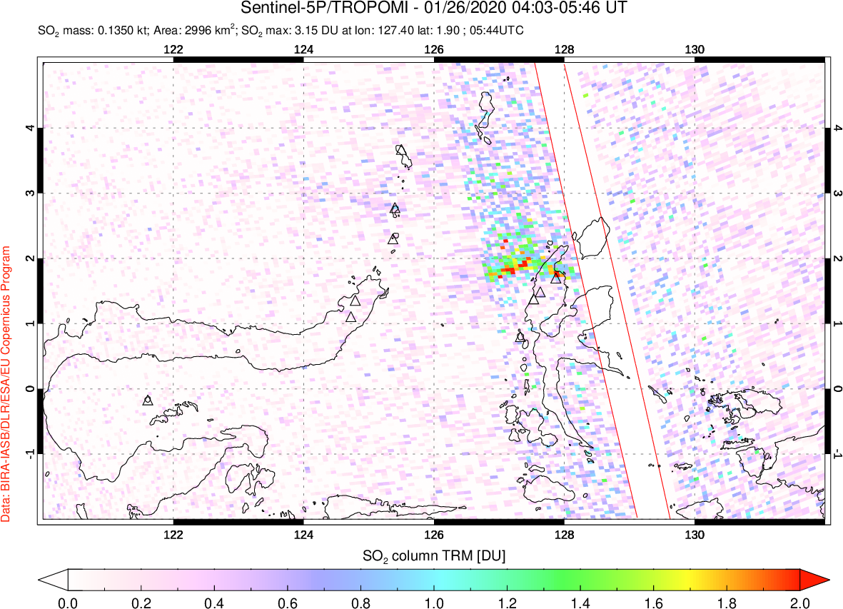 A sulfur dioxide image over Northern Sulawesi & Halmahera, Indonesia on Jan 26, 2020.