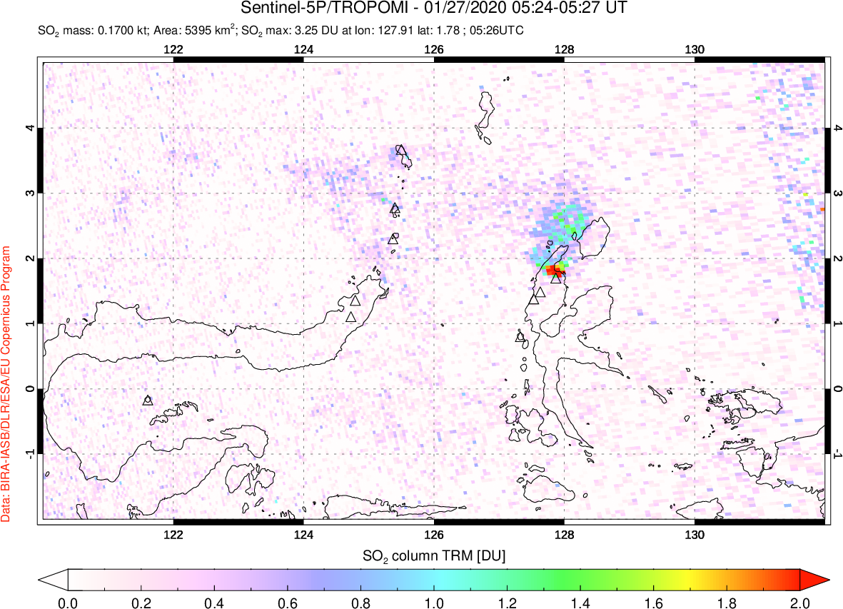 A sulfur dioxide image over Northern Sulawesi & Halmahera, Indonesia on Jan 27, 2020.