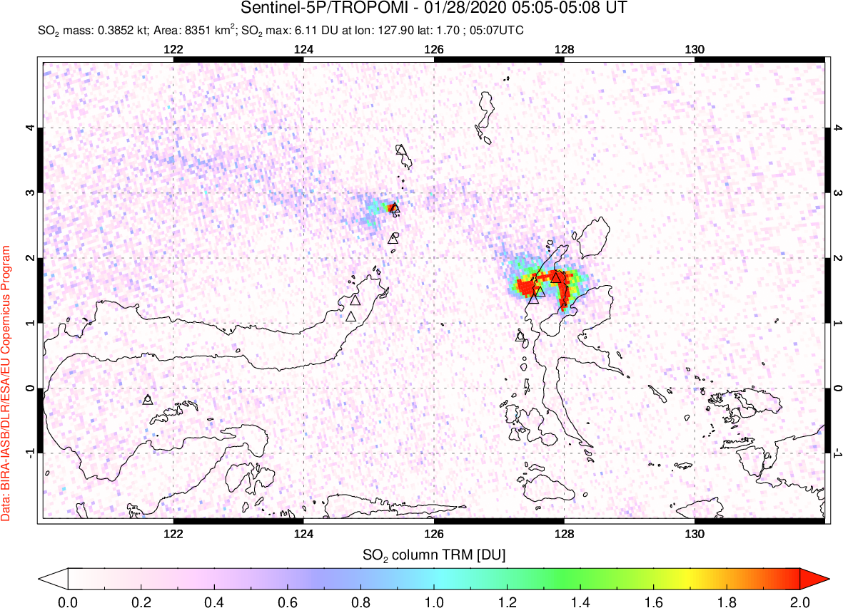 A sulfur dioxide image over Northern Sulawesi & Halmahera, Indonesia on Jan 28, 2020.