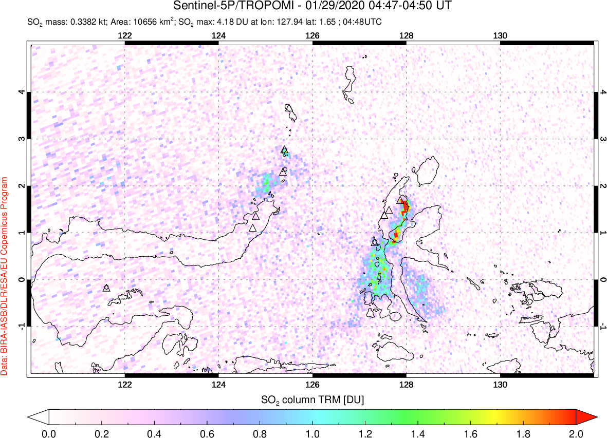 A sulfur dioxide image over Northern Sulawesi & Halmahera, Indonesia on Jan 29, 2020.