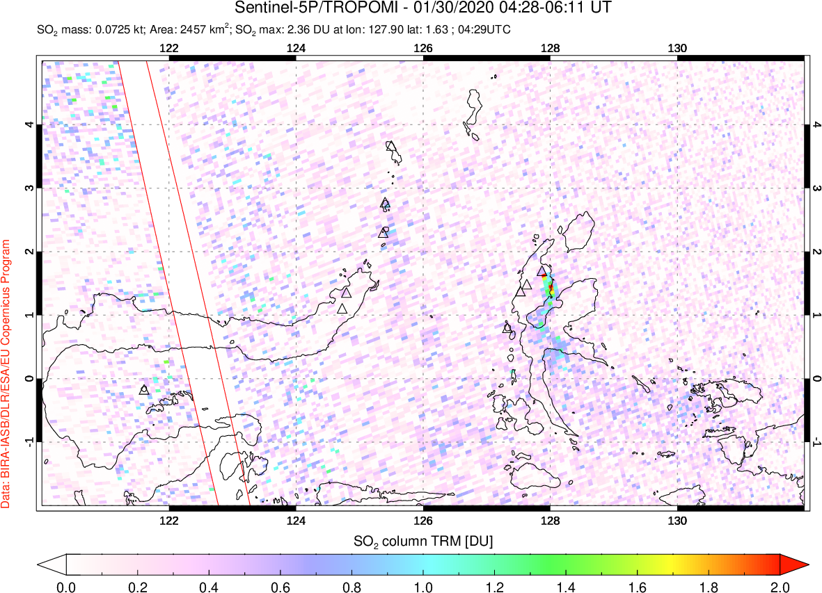 A sulfur dioxide image over Northern Sulawesi & Halmahera, Indonesia on Jan 30, 2020.