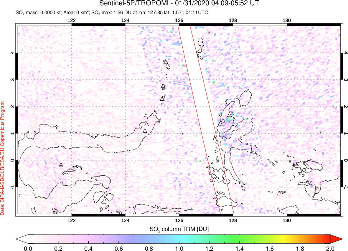 A sulfur dioxide image over Northern Sulawesi & Halmahera, Indonesia on Jan 31, 2020.
