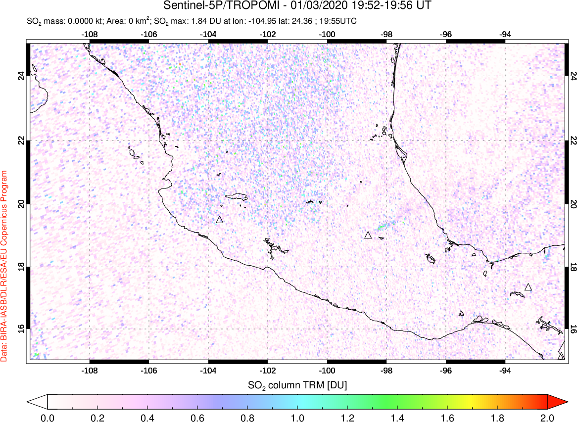 A sulfur dioxide image over Mexico on Jan 03, 2020.