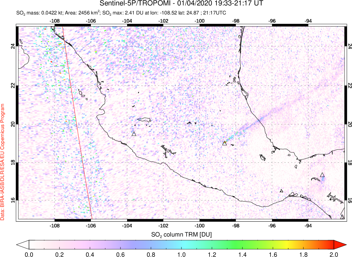 A sulfur dioxide image over Mexico on Jan 04, 2020.