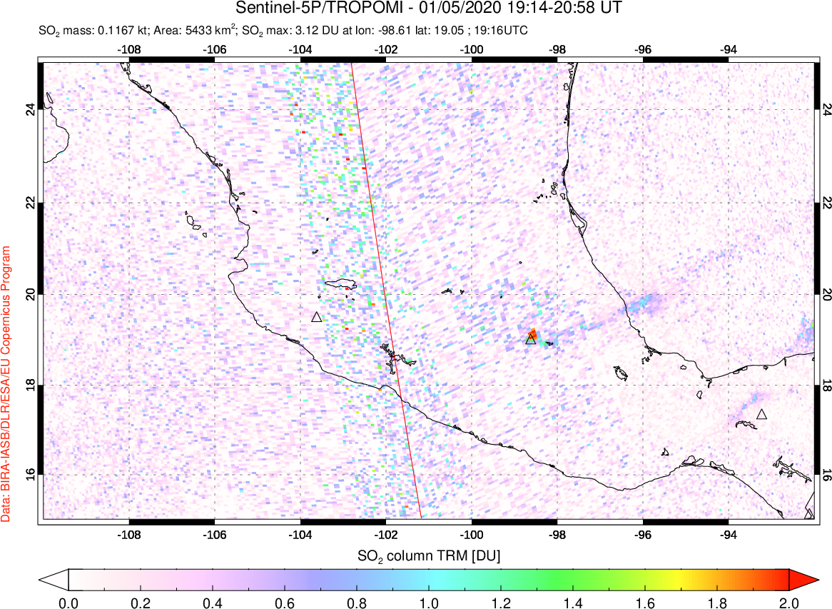 A sulfur dioxide image over Mexico on Jan 05, 2020.