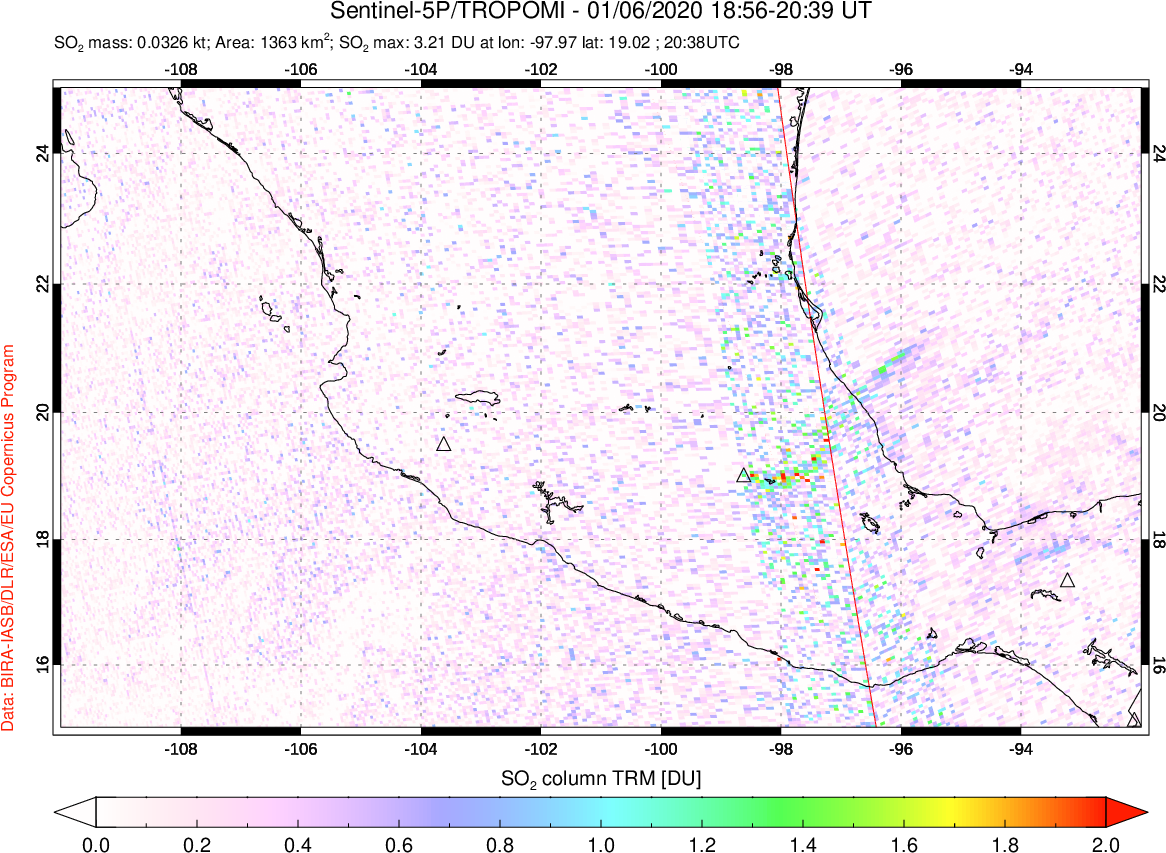 A sulfur dioxide image over Mexico on Jan 06, 2020.