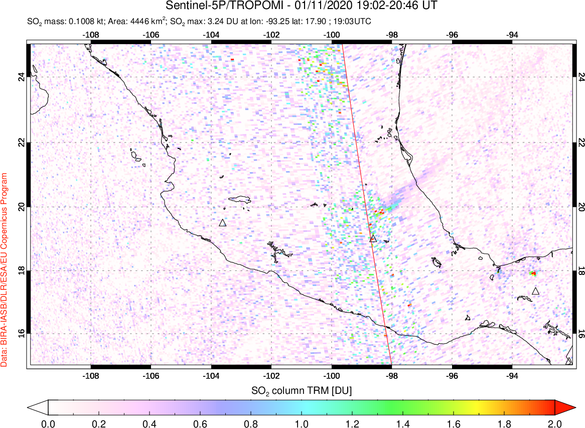 A sulfur dioxide image over Mexico on Jan 11, 2020.