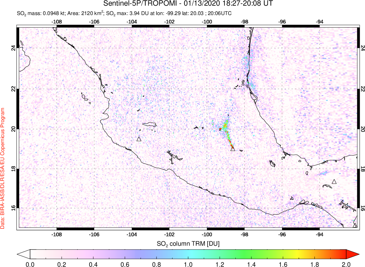 A sulfur dioxide image over Mexico on Jan 13, 2020.