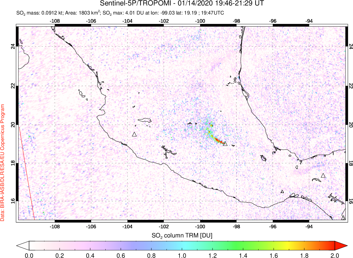 A sulfur dioxide image over Mexico on Jan 14, 2020.