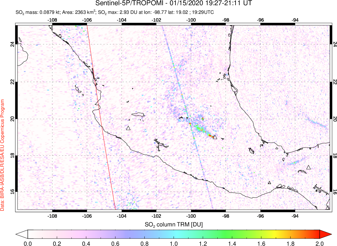 A sulfur dioxide image over Mexico on Jan 15, 2020.