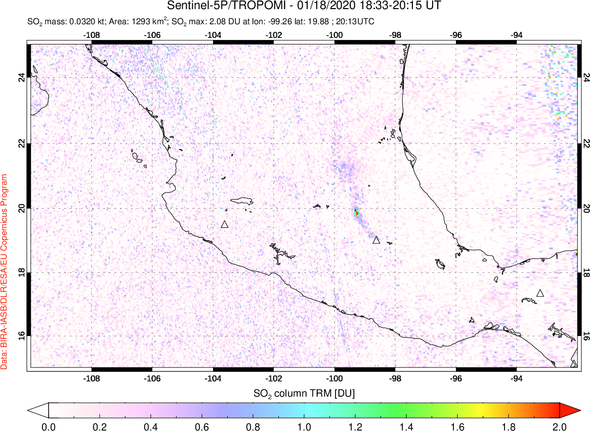 A sulfur dioxide image over Mexico on Jan 18, 2020.
