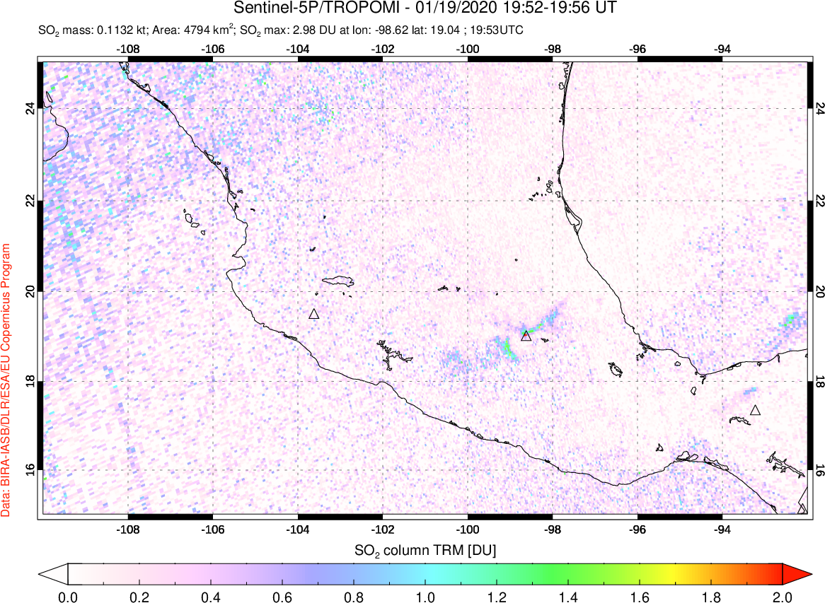 A sulfur dioxide image over Mexico on Jan 19, 2020.