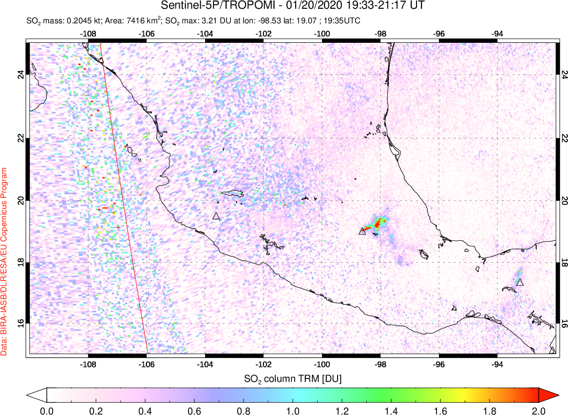 A sulfur dioxide image over Mexico on Jan 20, 2020.