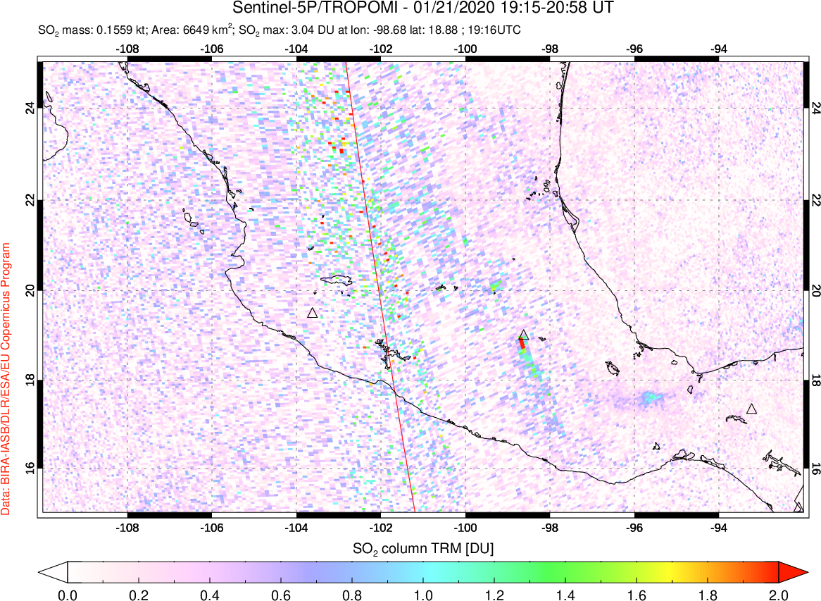 A sulfur dioxide image over Mexico on Jan 21, 2020.