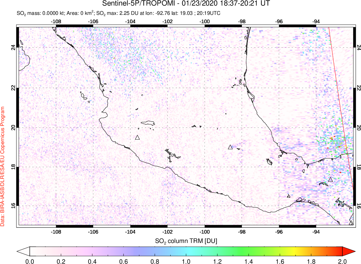 A sulfur dioxide image over Mexico on Jan 23, 2020.