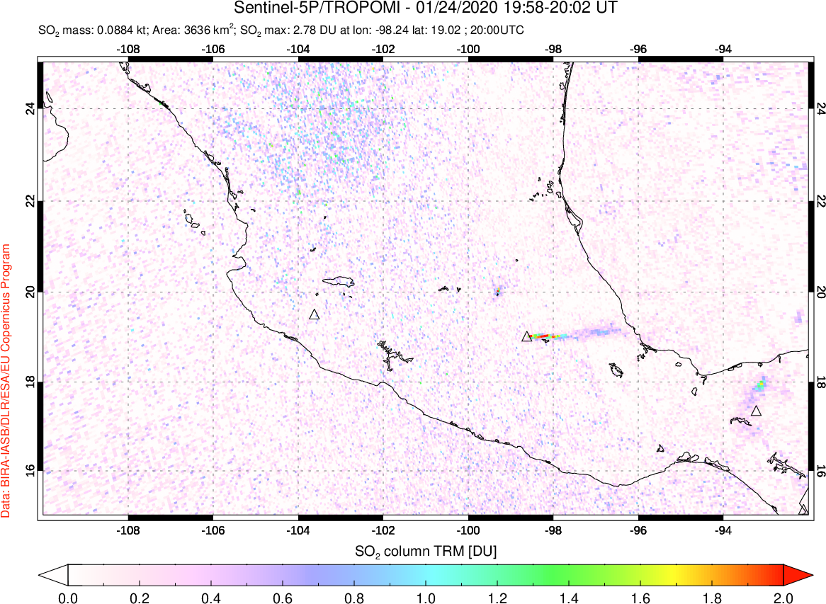 A sulfur dioxide image over Mexico on Jan 24, 2020.