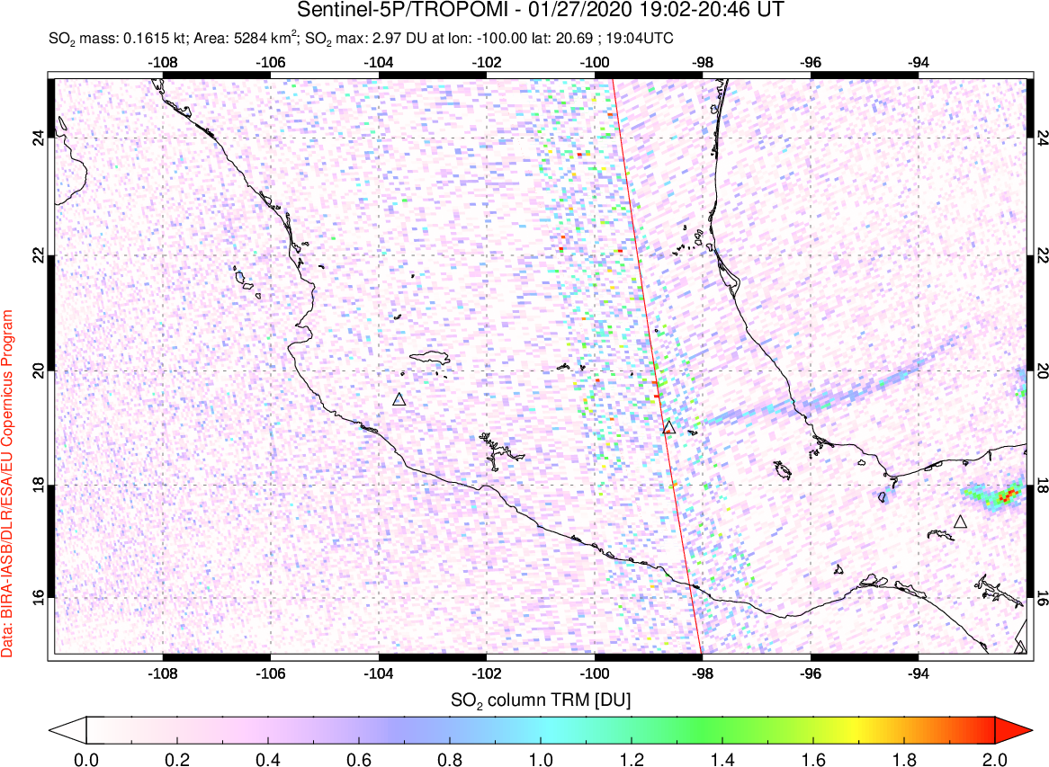 A sulfur dioxide image over Mexico on Jan 27, 2020.