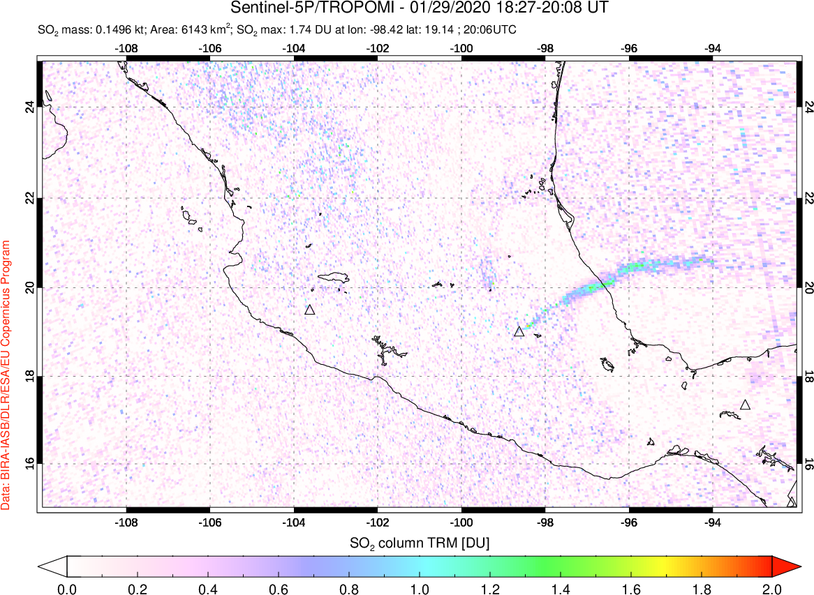 A sulfur dioxide image over Mexico on Jan 29, 2020.