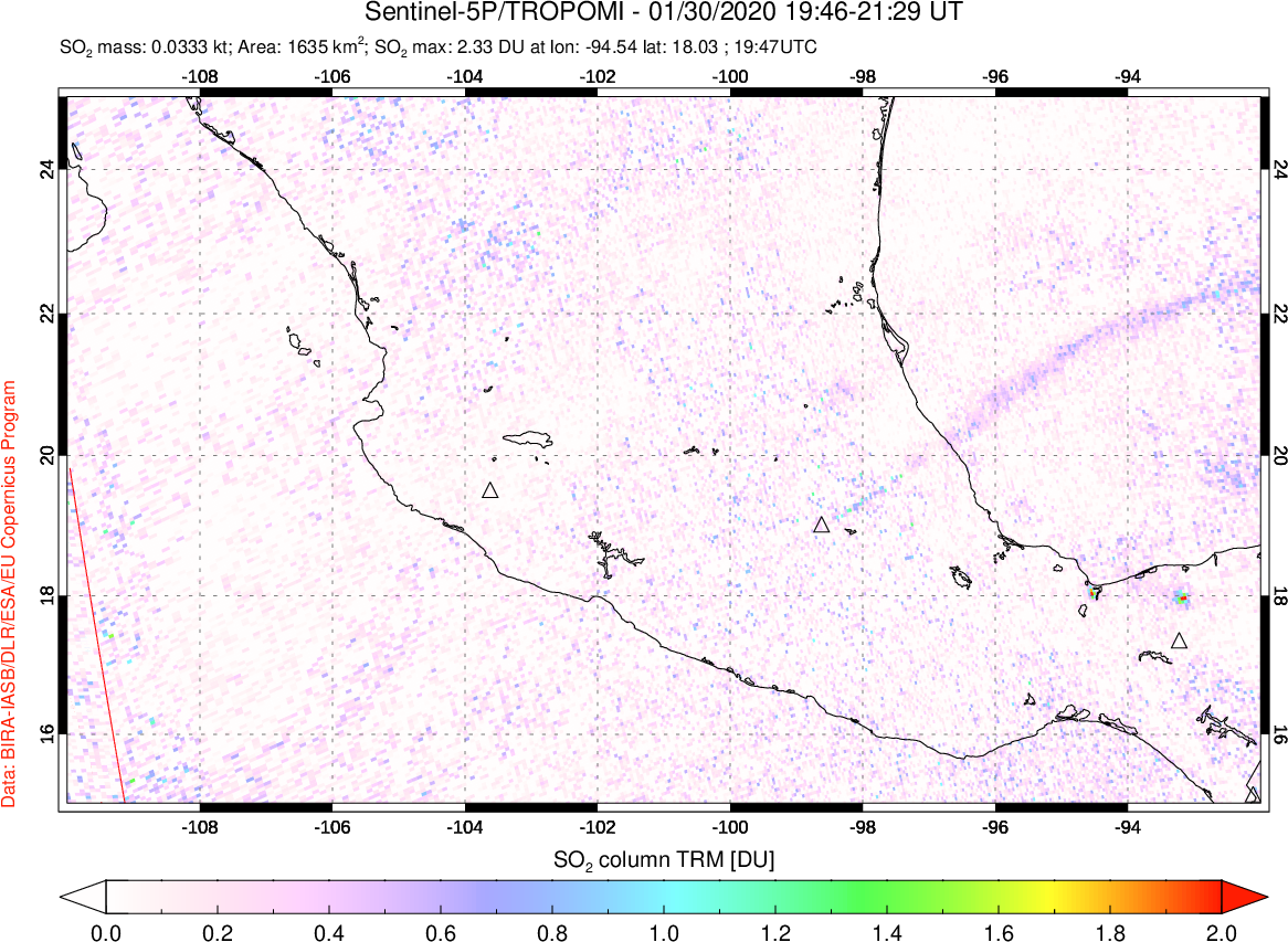 A sulfur dioxide image over Mexico on Jan 30, 2020.