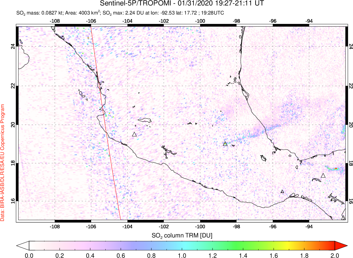 A sulfur dioxide image over Mexico on Jan 31, 2020.