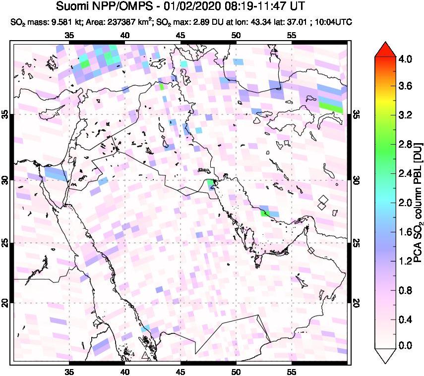 A sulfur dioxide image over Middle East on Jan 02, 2020.