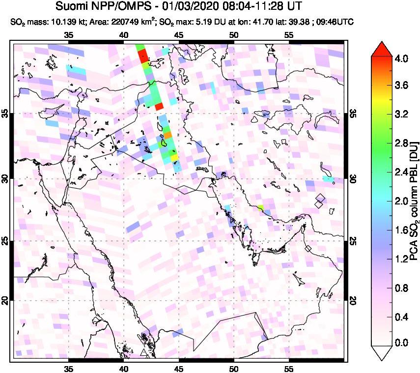 A sulfur dioxide image over Middle East on Jan 03, 2020.
